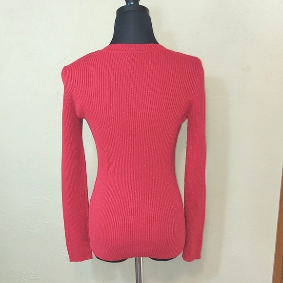 Juniors Basic Editions Red Long Sleeve Glitter Stretch Sweater - Picture 4 of 6